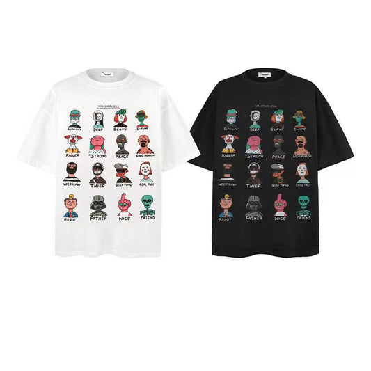 American style trendy cartoon print short-sleeved T-shirt for men and women in over sized size - for couples. Model number: 004