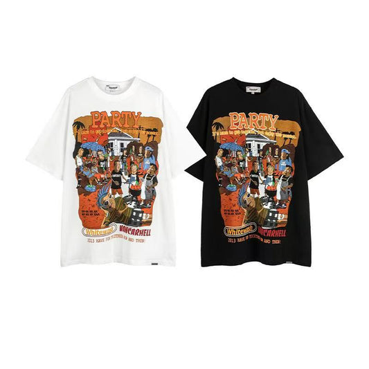 American style trendy cartoon print T-shirt for men and women, oversized, for couples, casual wear - 014